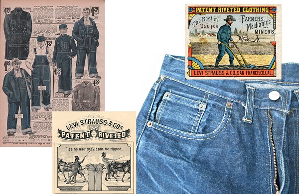 Каталог рабочей одежды Сharles Williams stores; первые лейблы Levi’s, 1900-е; заклепки на карманах, благодаря которым удалось получить патент
