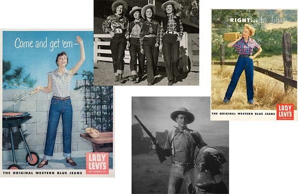 Рекламная кампания женских джинсов Levi’s, 1930-е; cowgirls в джинсах Levi’s, 1930-е; рекламная кампания женских джинсов Levi’s, 1930-е; кадр из фильма «Дилижанс», 1939