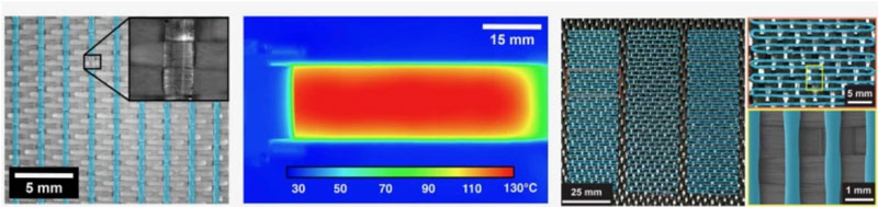 Синим бозначен 3D-печатный заживляющий пластик, на правом изображении видны углеродные нагреватели.Источник изображения: NC State University