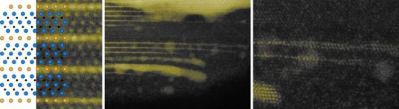 Синие точки — атомы титана, чёрные — углерода, жёлтые — золота (под электронным микроскопом)Источник изображения: Nature Synthesis 2024