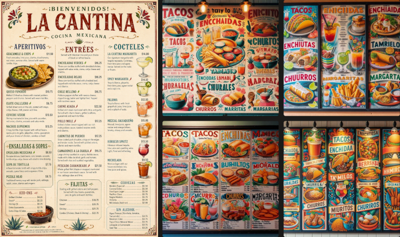 Зліва &mdash; меню, згенероване ChatGPT Images 2.0: всі написи читаються, жодного вигаданого слова. Справа &mdash; три варіанти від Microsoft Designer на основі DALL-E 3: &laquo;Enchidas&raquo;, &laquo;Tamrielo&raquo;, &laquo;Churiros&raquo;, &laquo;Margartas&raquo; та десятки інших спотворень.