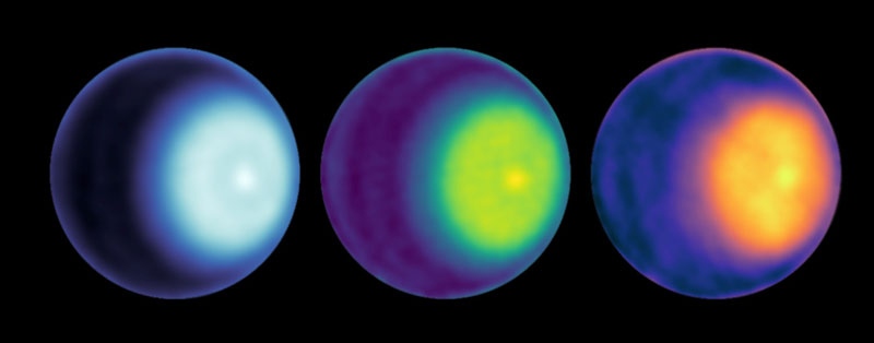 Циклон над северным полюсом Урана в трёх разных диапазонах частот. Источник изображения: NASA/JPL-Caltech/VLA