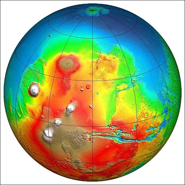 Топографическая карта Марса, составленная аппаратом Mars Global Surveyor. Синим цветом отмечены самые низкие области, которые, вероятно, были покрыты океаном.