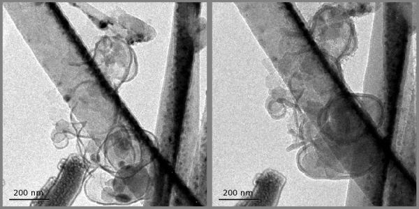 Изображение электронного микроскопа показывает кремниевые частицы до капсулирования их углеродом (слева) и после (справа). На правом изображении хорошо виден зазор между кремнием и стенками углеродных сфер.