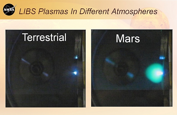 Плазма, порождённая лазером во время лабораторных испытаний при имитации условий земной и марсианской атмосфер. Каждое изображение имеет около 75 мм в длину и ширину.